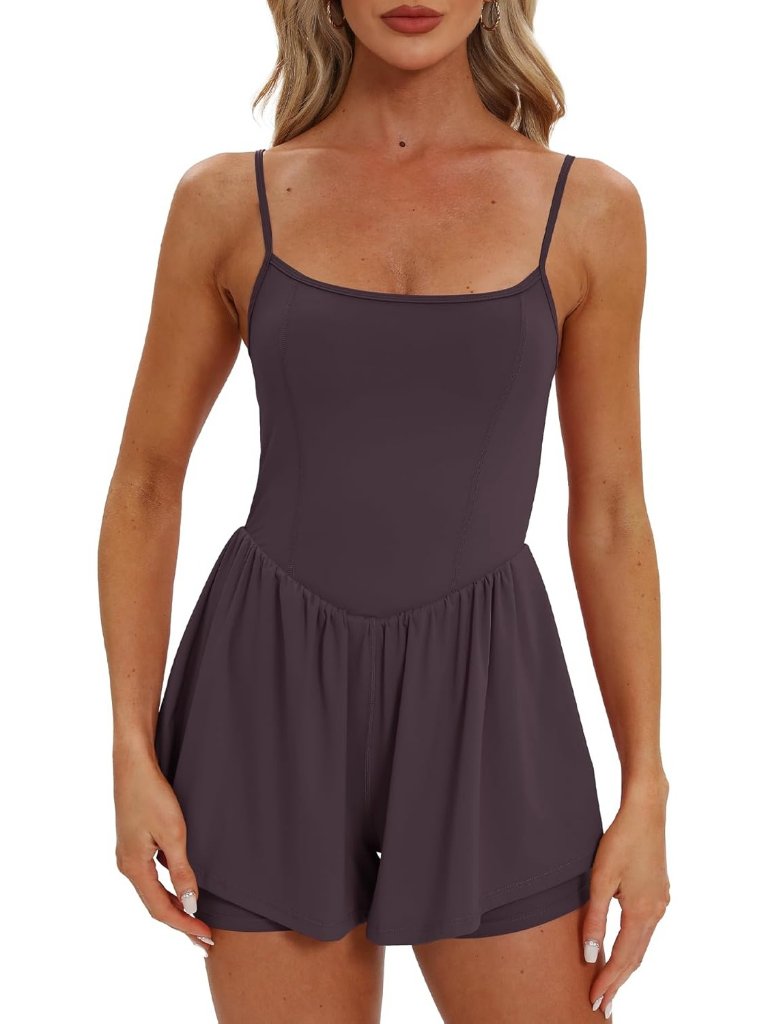 Women Dark Purple Sleeveless Spaghetti Strap Double Lined One Piece Short Romper